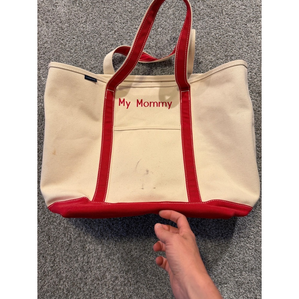 Lands' End Tote Bag Womens L Cream My Mommy Canvas Open Top Red Trim Large *